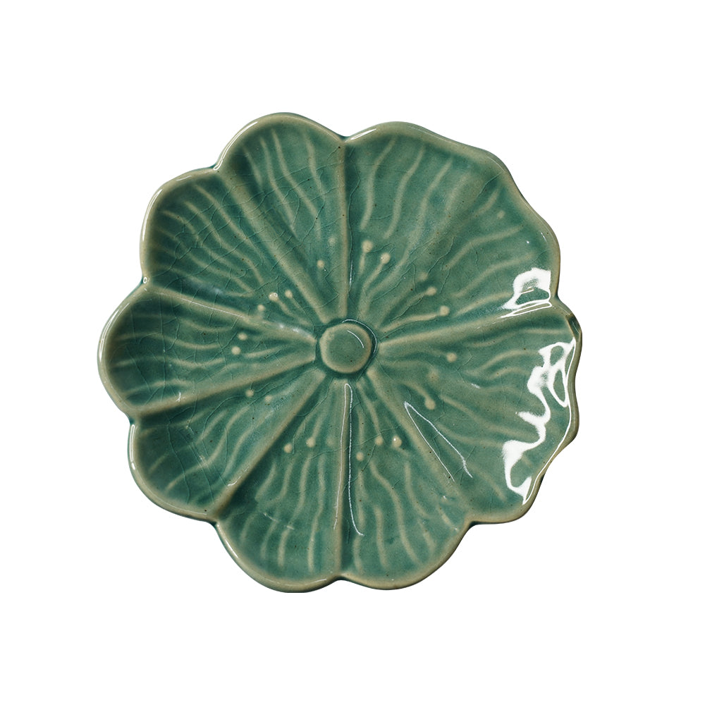 Yellow Marigold Side Plate 7″ – Green Blossom set of 2, handcrafted 7-inch ceramic plates with embossed plum-blossom motif in green glaze.