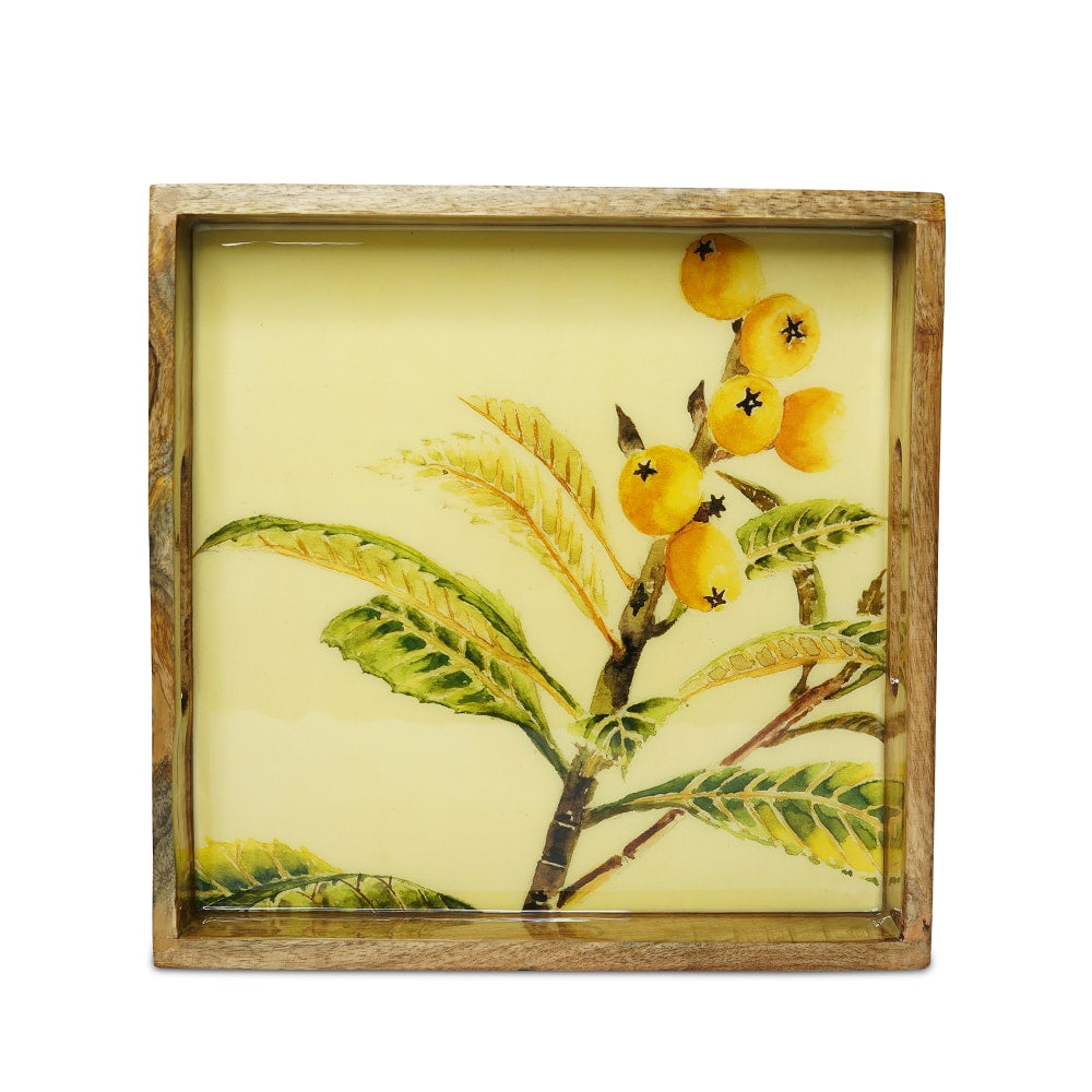 Yellow Marigold Loquat Branch square tray – handcrafted mango-wood serving tray with loquat-branch enamel artwork