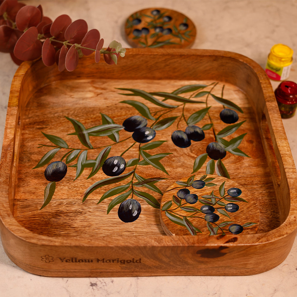 Handpainted Square Tray - Black Olives