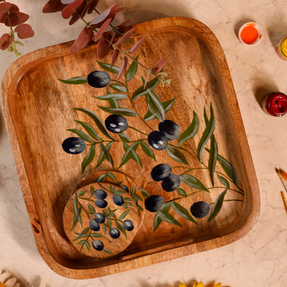 Handpainted Square Tray - Black Olives