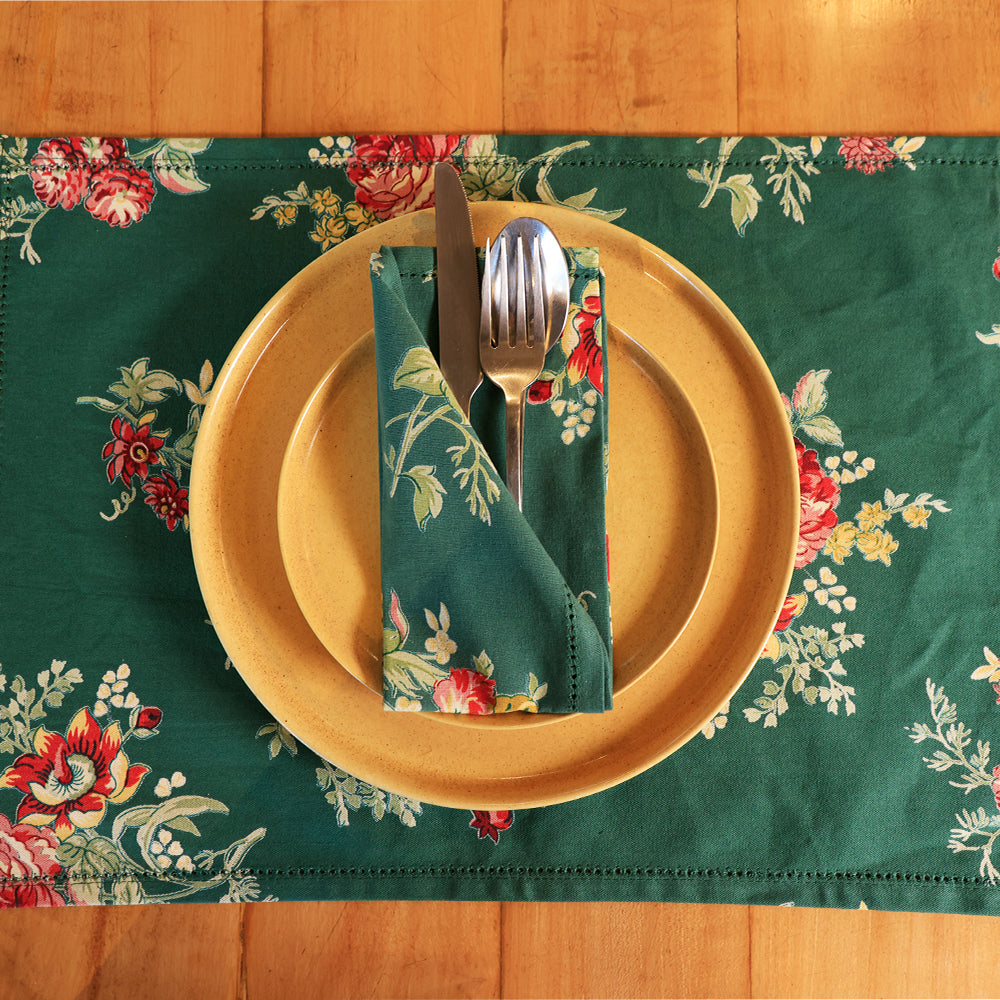 Russian Chintz Green Cotton Napkin Set of 6 – Vintage Floral Table Linen