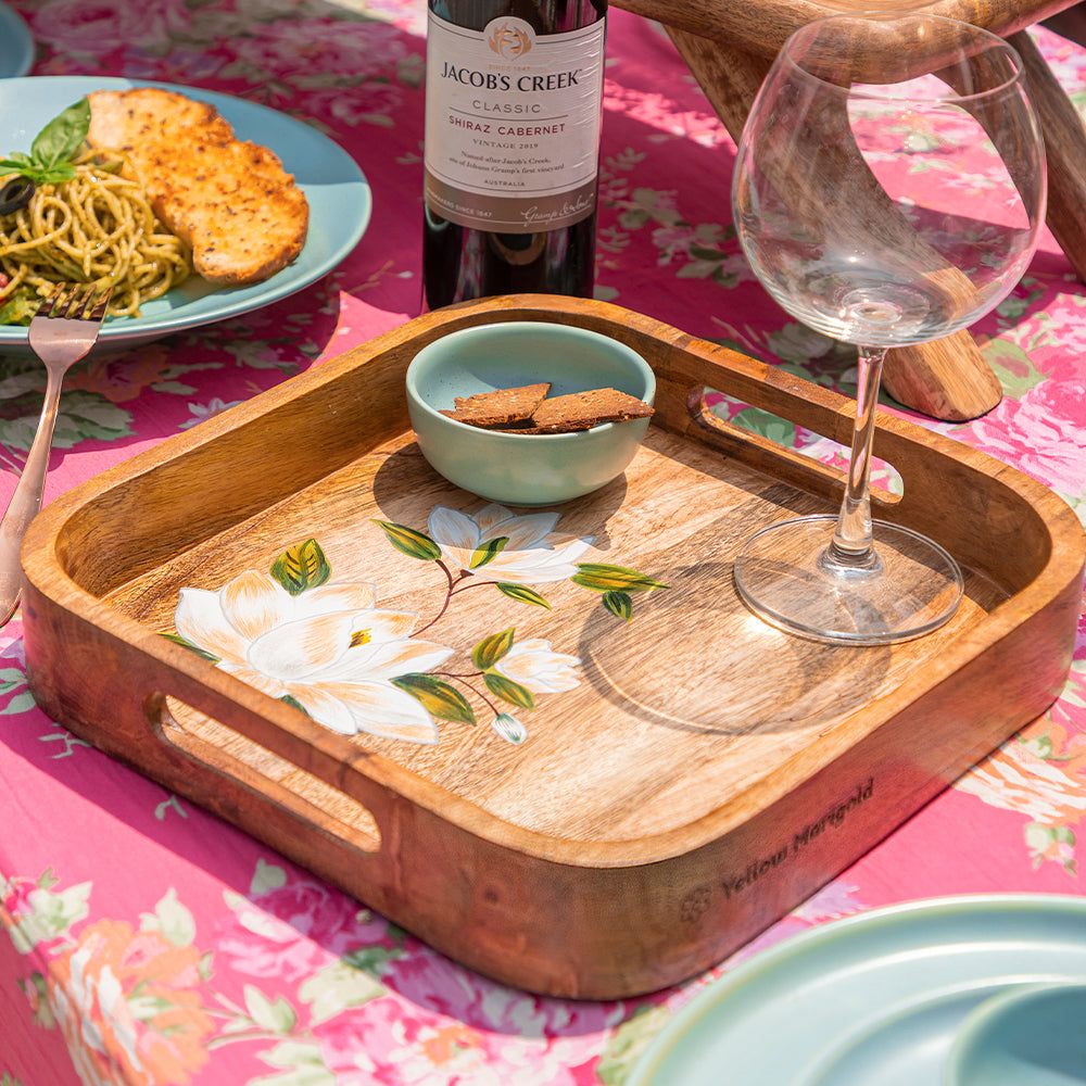 Yellow Marigold Handpainted Square Tray Sweet Magnolias – elegant mango wood serving tray with floral handpainted magnolia design for home décor.