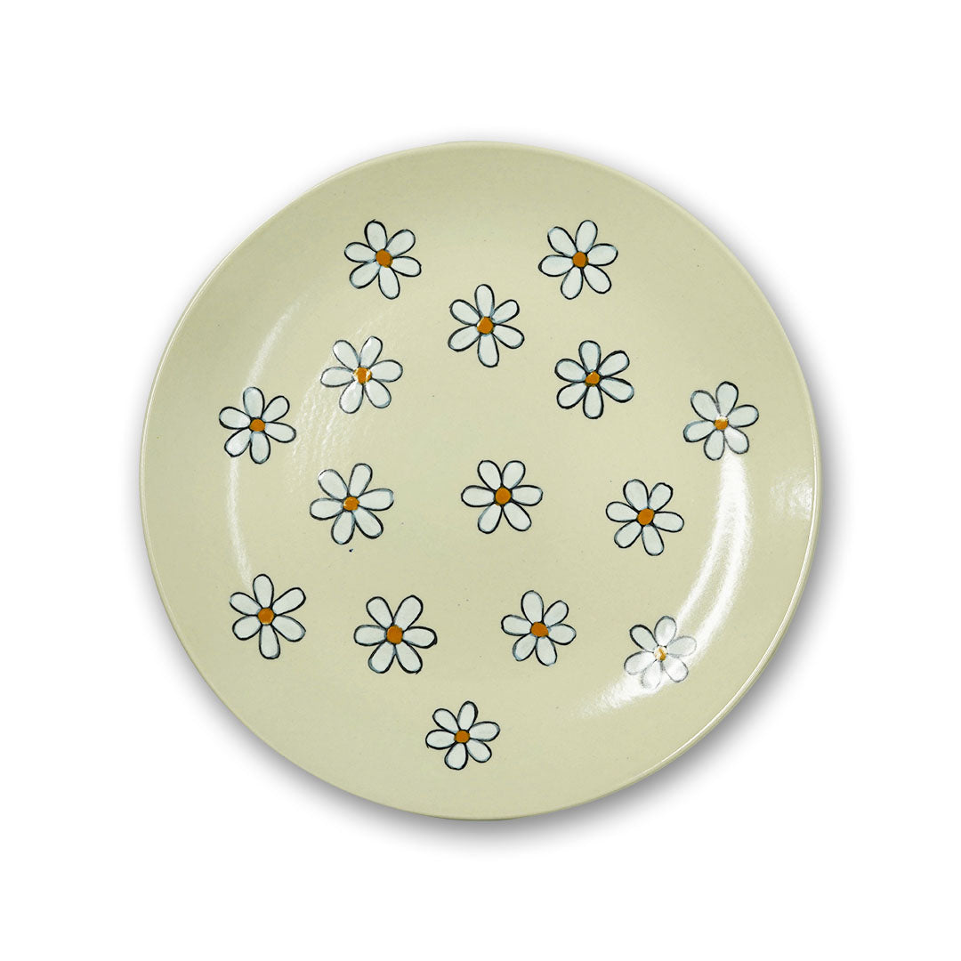 Yellow Marigold Dinner Plates – Daisy Dreams Mint Grey (Set of 4), handcrafted ceramic dinnerware featuring hand-printed floral design on matte glaze.
