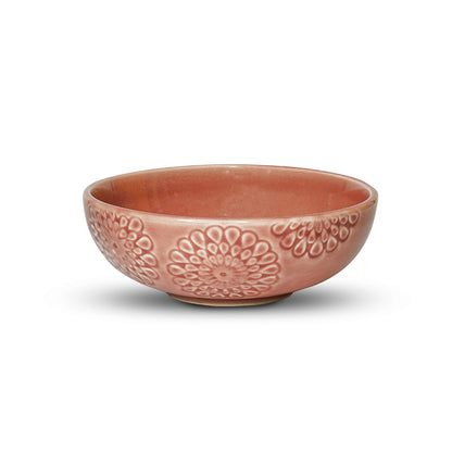 Yellow Marigold Wild Rose Cherry Red serving bowl set of 2 - handcrafted etched ceramic tableware