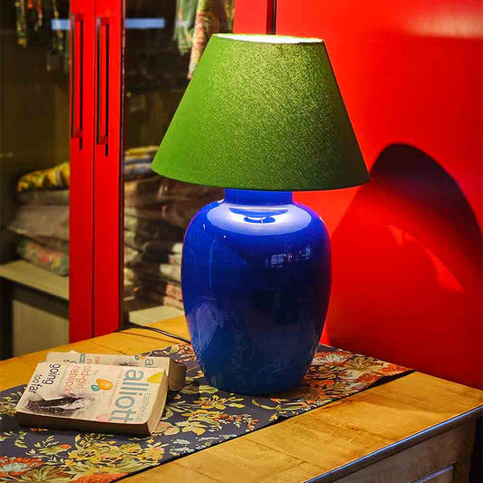 Yellow Marigold Aura metal table lamp — close‑up showing metal finish, lamp shade detail, and craftsmanship