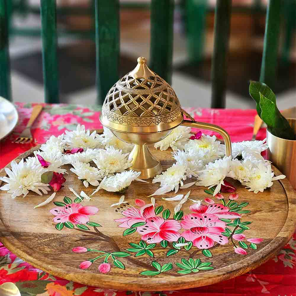 Yellow Marigold Akhand Chirag Dhuni brass lamp — close‑up showing polished brass finish and handcrafted details of the lamp