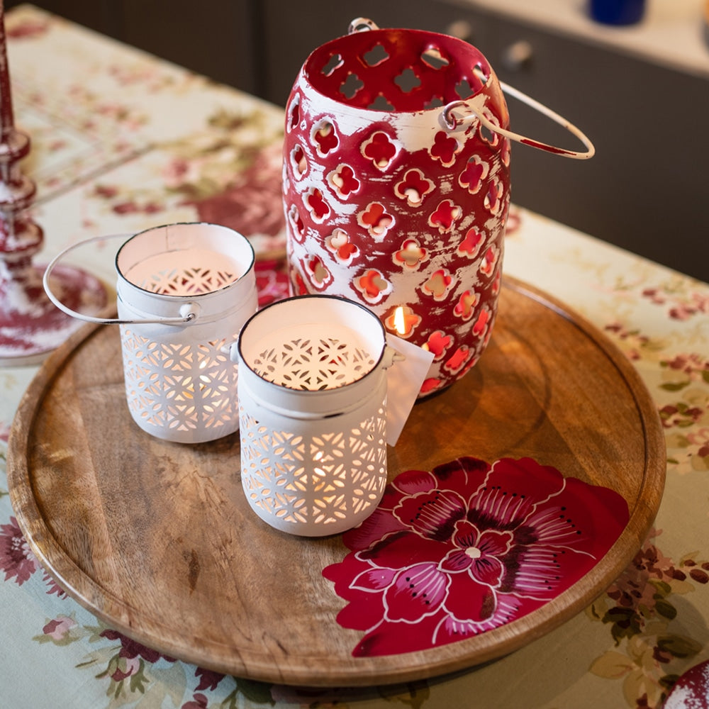 Yellow Marigold distressed metal hanging lantern — close-up showing weathered metal texture, glass panes and rustic finish