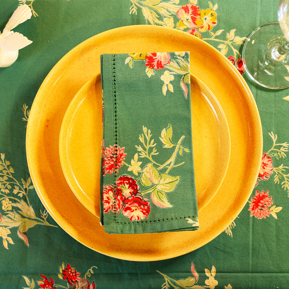 Russian Chintz Green Cotton Napkin Set of 6 – Vintage Floral Table Linen