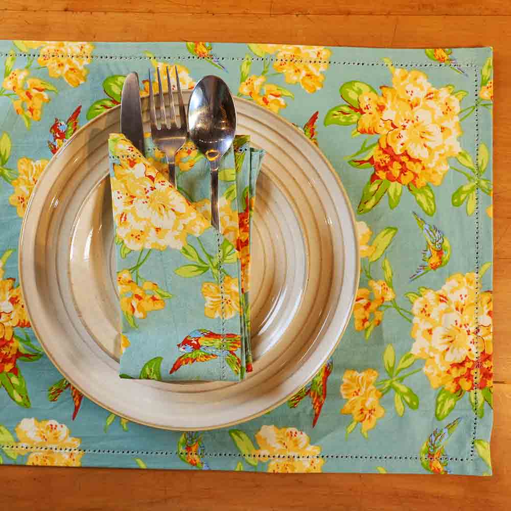 Yellow Marigold Valley of Flowers Mist table napkin — close-up of handcrafted floral textile pattern and stitching detail