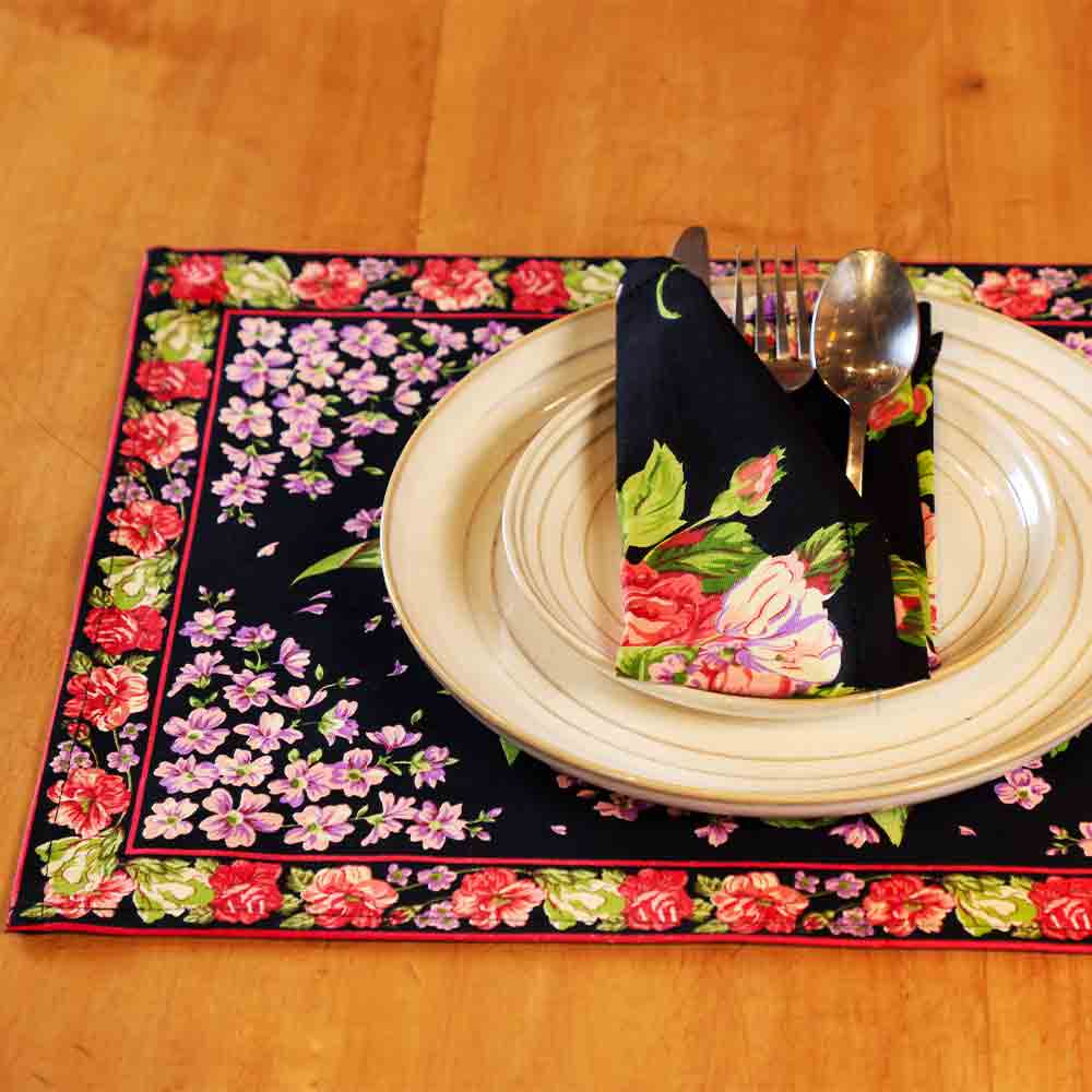 Yellow Marigold eco-friendly Blanche Black Floral placemats — sustainable floral table décor for conscious dining