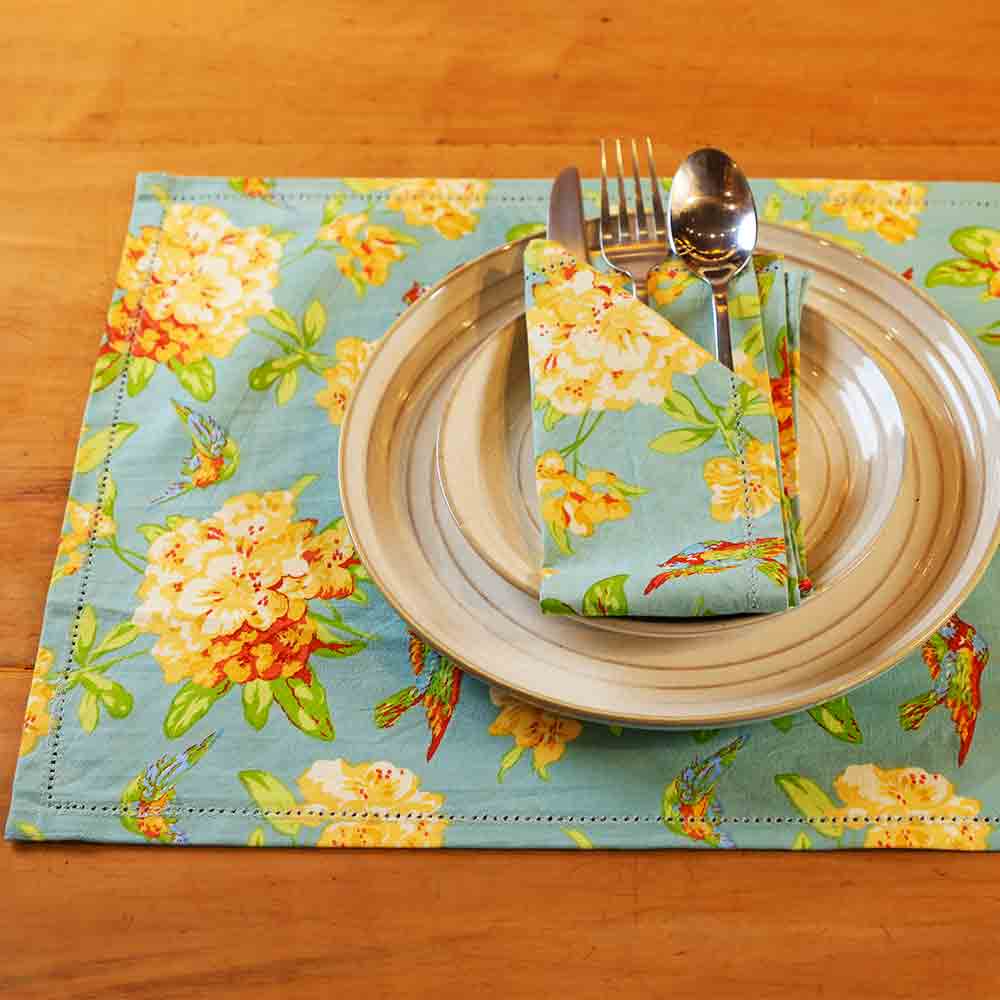 Yellow Marigold Valley of Flowers Mist placemats set of 6 — floral-print eco-friendly table mats neatly arranged on dining table