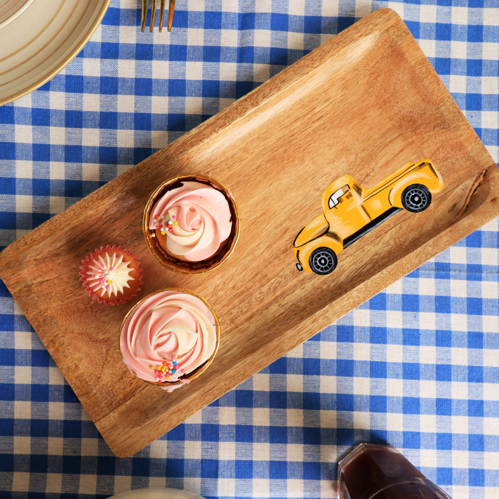 Yellow Marigold Wagon Platter, elegant handcrafted wooden serving platter with wheel-inspired design for modern dining décor.
