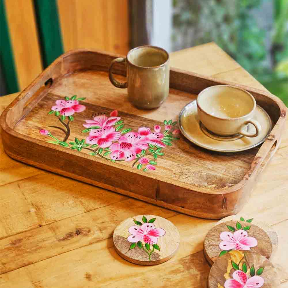 Handpainted Rectangular Tray – Pink Azalea | Yellow Marigold Dehradun