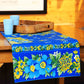 Yellow Marigold Avonlea Blue Floral table runner — close-up of handcrafted blue floral fabric texture and stitching detail