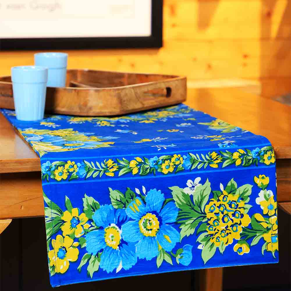 Yellow Marigold Avonlea Blue Floral table runner — close-up of handcrafted blue floral fabric texture and stitching detail