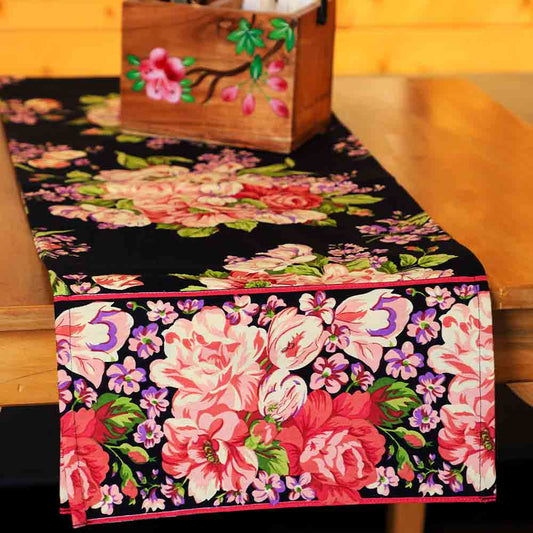 Yellow Marigold Blanche Black Floral table runner — black floral-print runner laid flat on a dining table