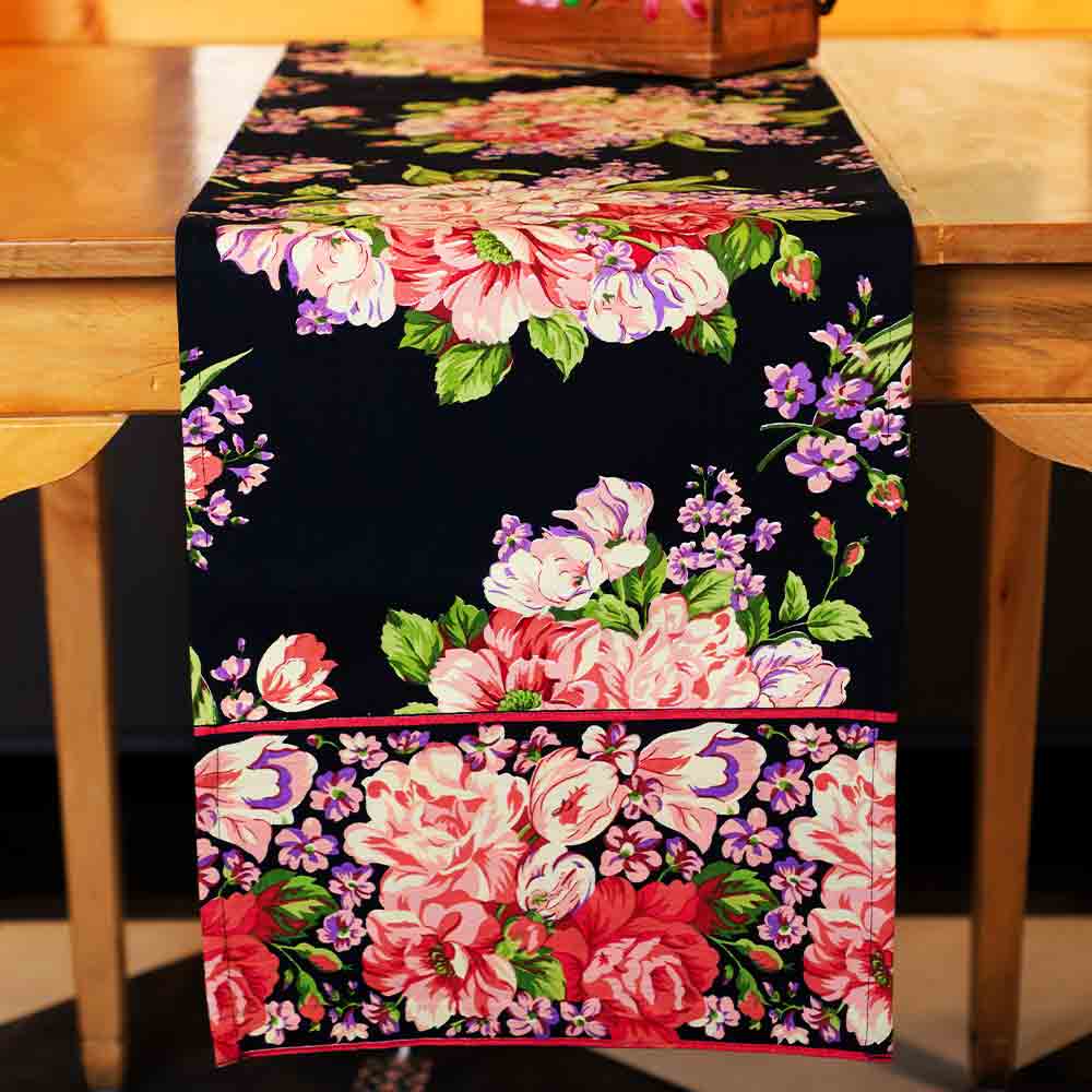 Yellow Marigold Blanche Black Floral table runner — close-up view of handcrafted floral fabric texture and stitching detail