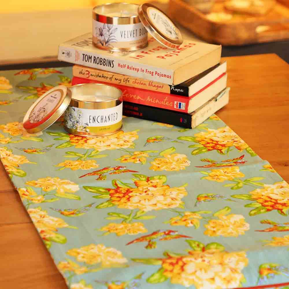 Yellow Marigold Valley of Flowers Mist table runner — detailed handcrafted floral textile and texture up close