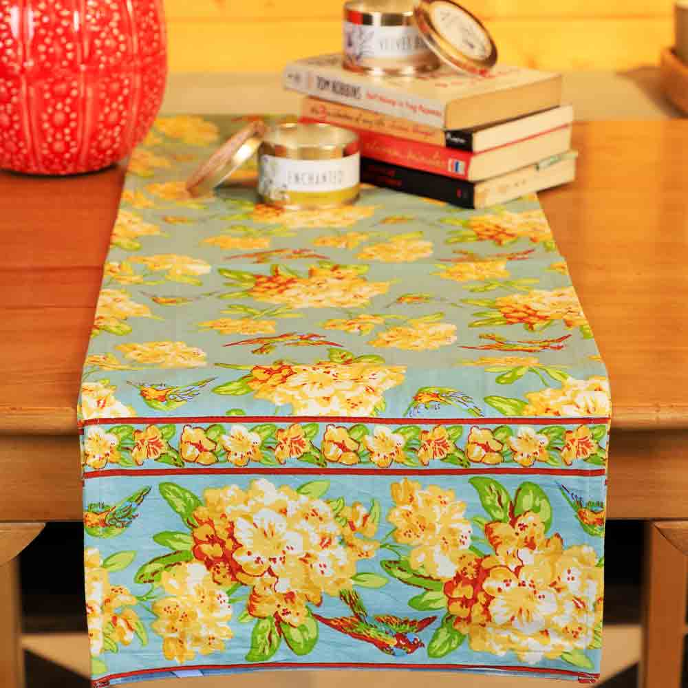 Yellow Marigold eco-friendly Valley of Flowers Mist table runner — sustainable floral table runner for conscious home décor