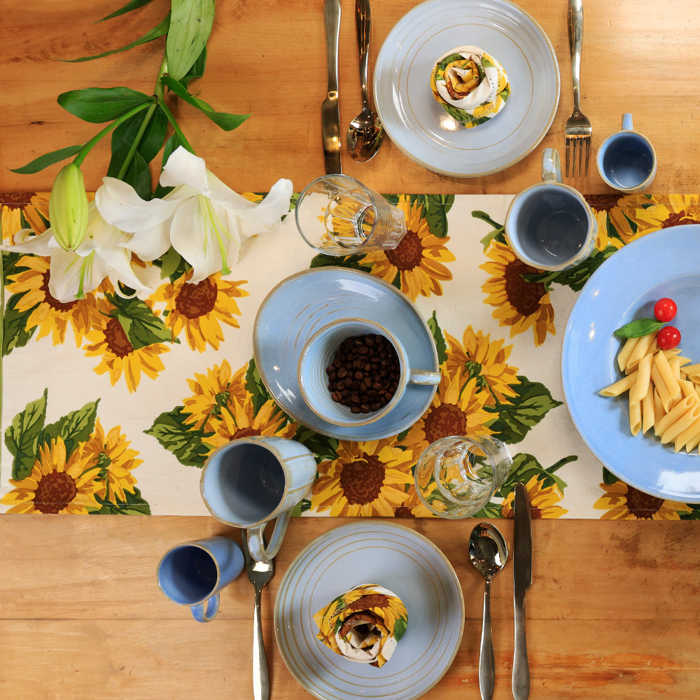 Yellow Marigold Sunflower Runner. In premium cotton canvas material. Table runner featuring a yellow floral design and fine detailing.