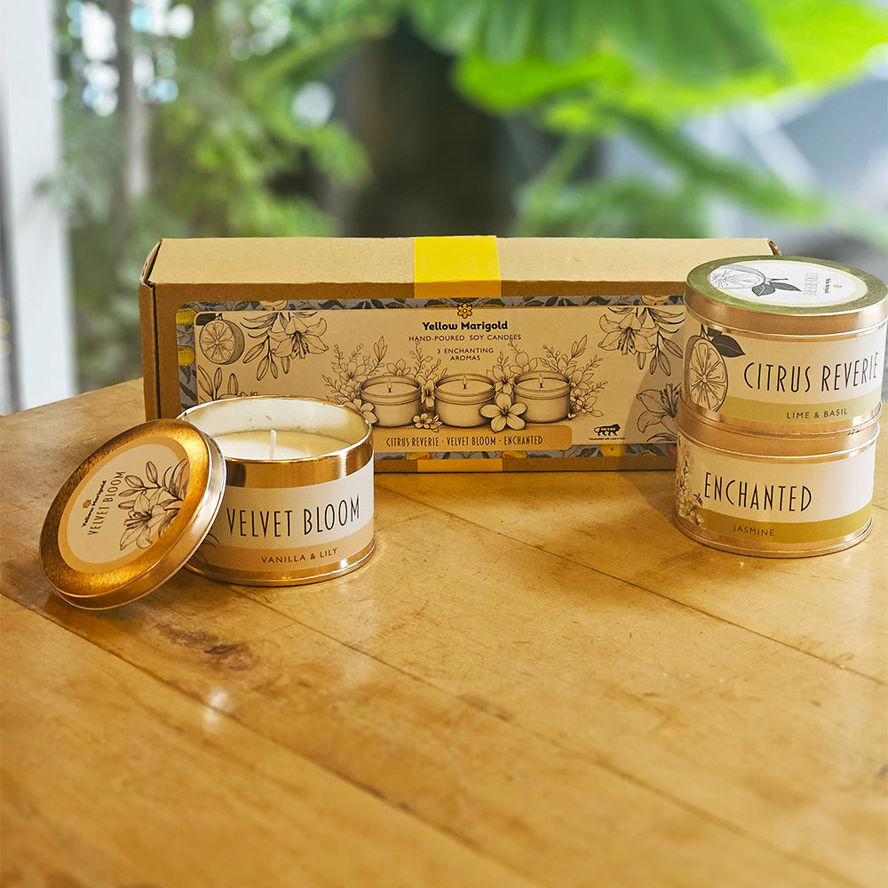 Yellow Marigold Candle Box - luxury candle set in eco-friendly packaging, perfect for décor and gifting occasions.