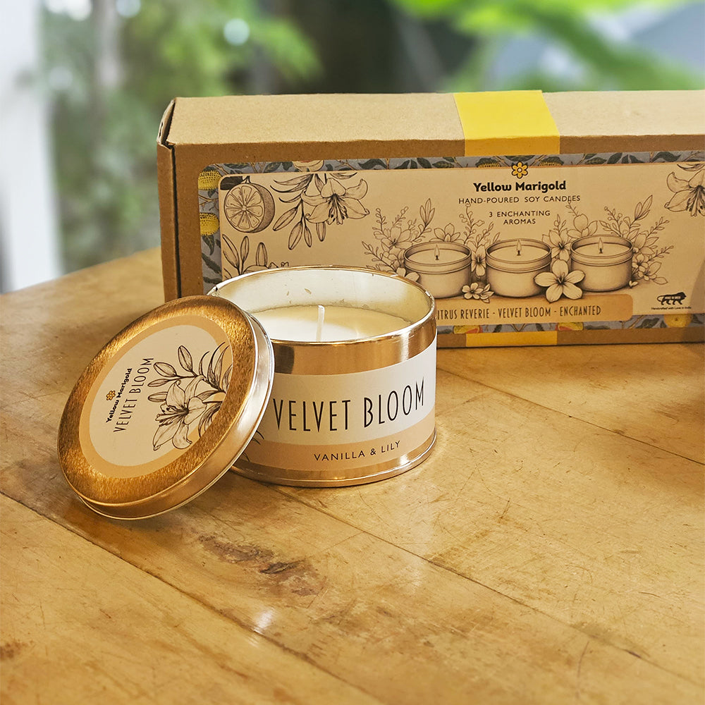 Handcrafted Yellow Marigold Candle Box with detailed candle textures and eco-conscious packaging.