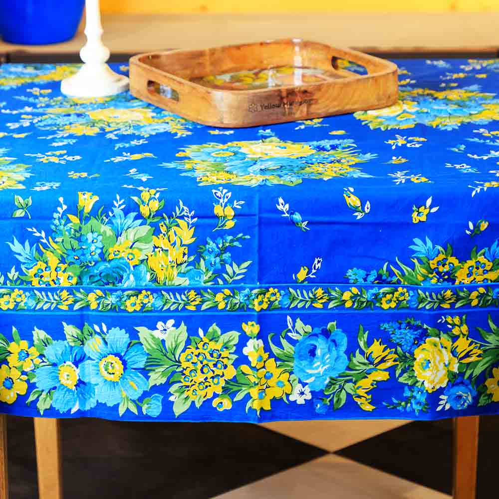 Yellow Marigold eco-friendly Avonlea Blue table cover — sustainable floral table cover for conscious home décor
