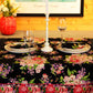 Yellow Marigold Blanche Black Floral tablecloth — close-up view of handcrafted floral fabric and stitching quality