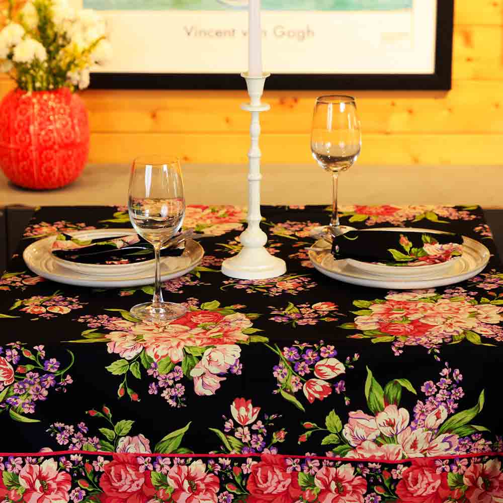 Yellow Marigold Blanche Black Floral tablecloth — close-up view of handcrafted floral fabric and stitching quality
