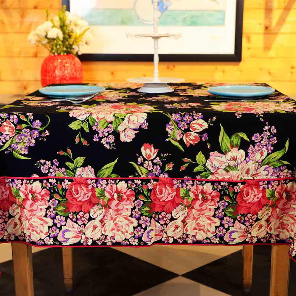 Yellow Marigold Blanche Black Floral tablecloth, neatly folded and packaged — ideal as a gift for home décor and dining enthusiasts