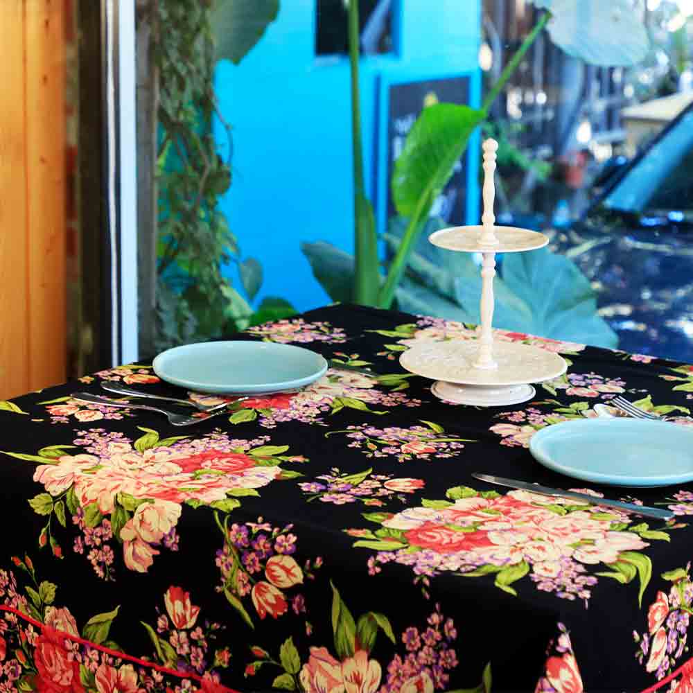 Blanche Black Floral Cotton Table Cloth