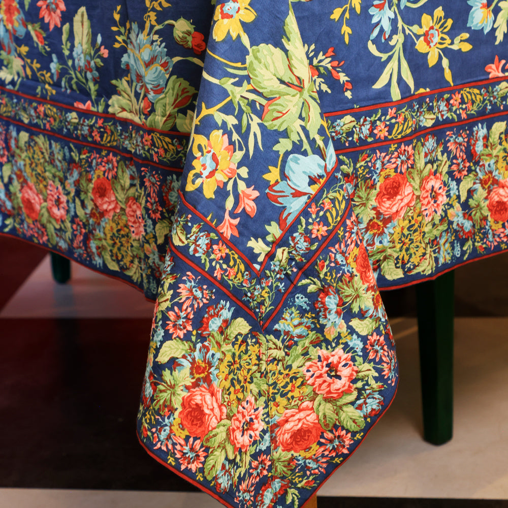 Eternal Rose Navy Blue Cotton Table Cloth – Floral Table Cover