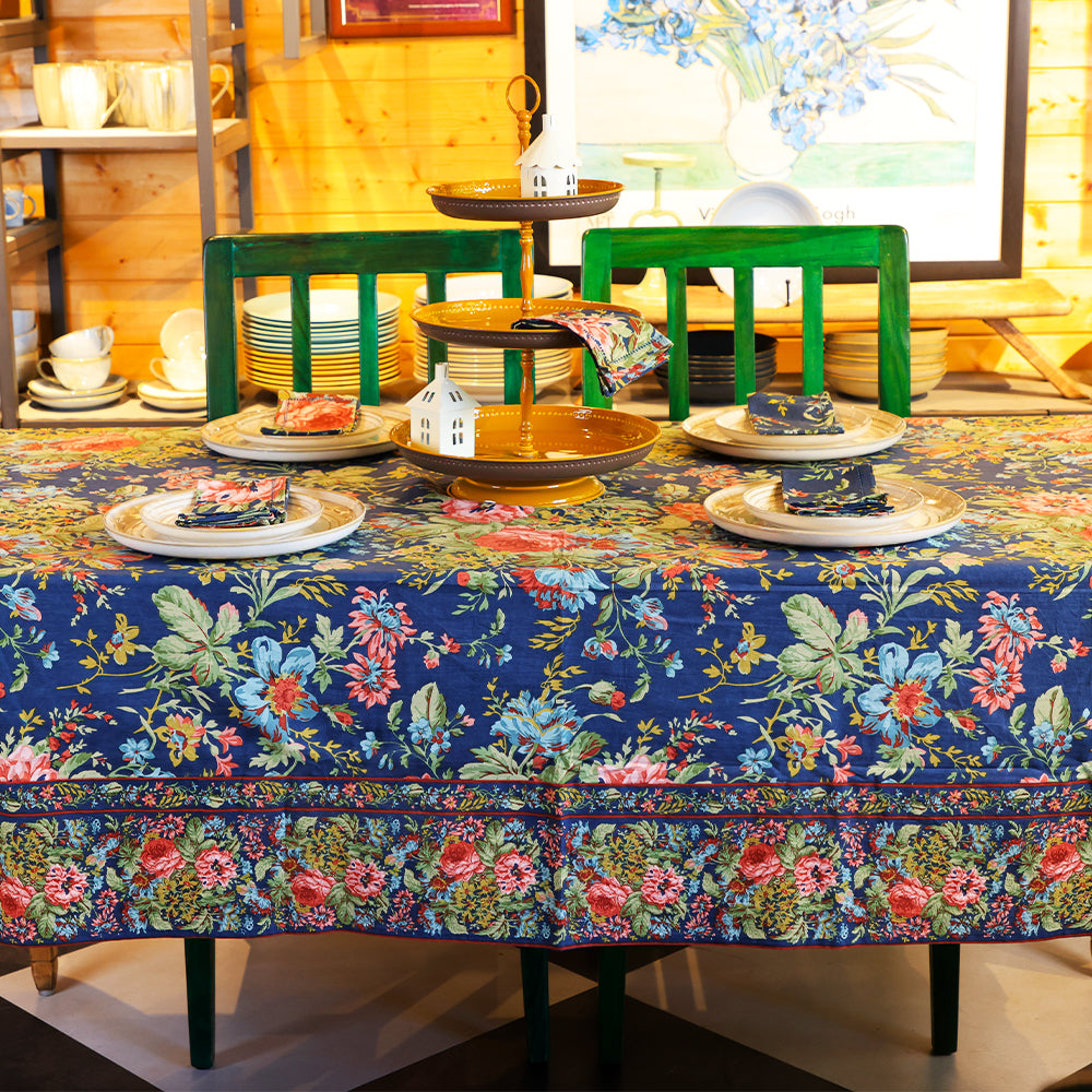 Eternal Rose Navy Blue Cotton Table Cloth – Floral Table Cover