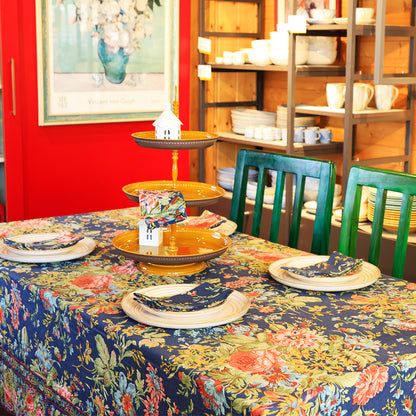 Eternal Rose Navy Blue Cotton Table Cloth – Floral Table Cover