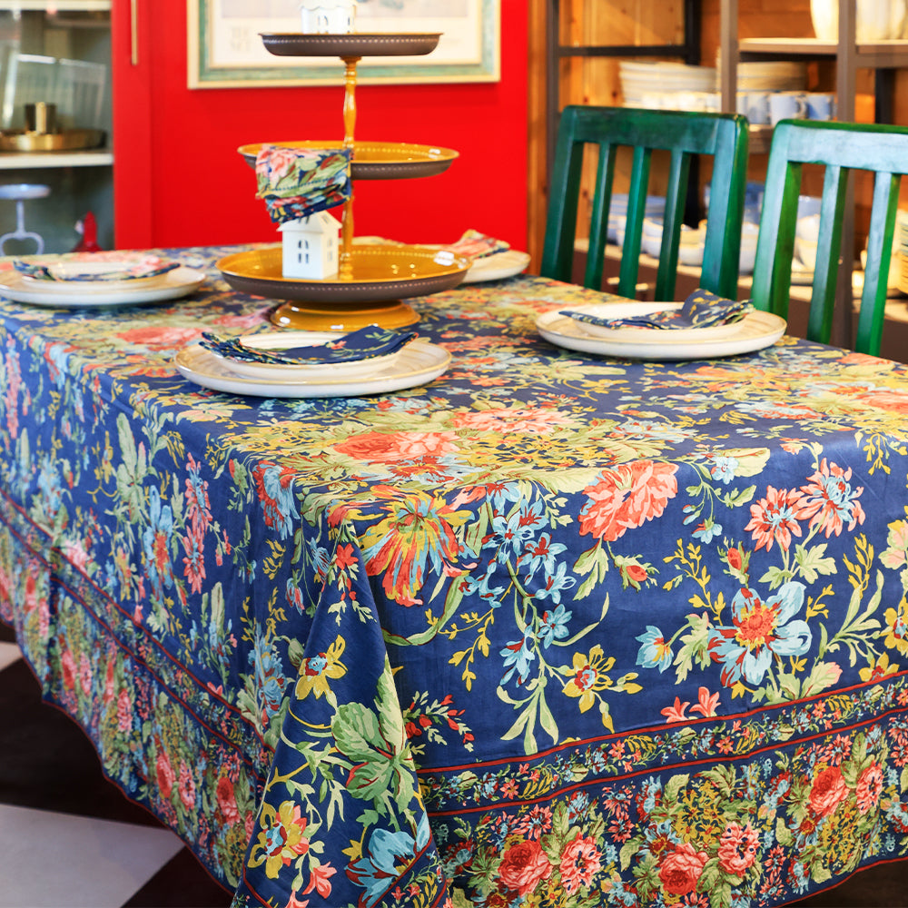 Eternal Rose Navy Blue Cotton Table Cloth – Floral Table Cover