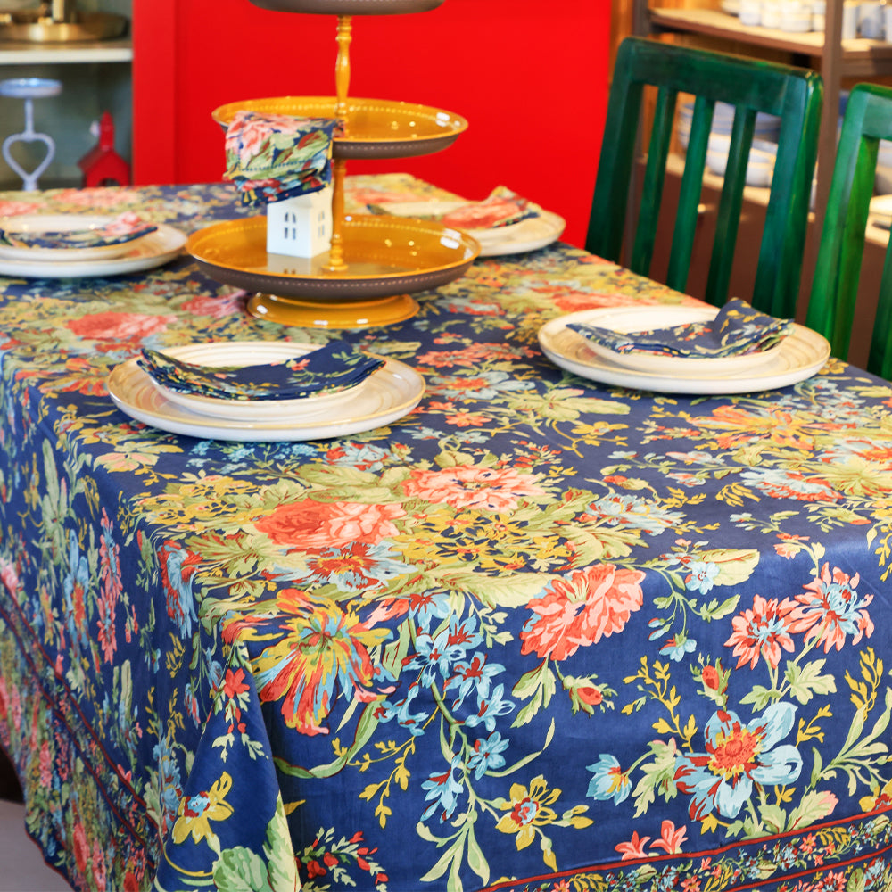 Eternal Rose Navy Blue Cotton Table Cloth – Floral Table Cover