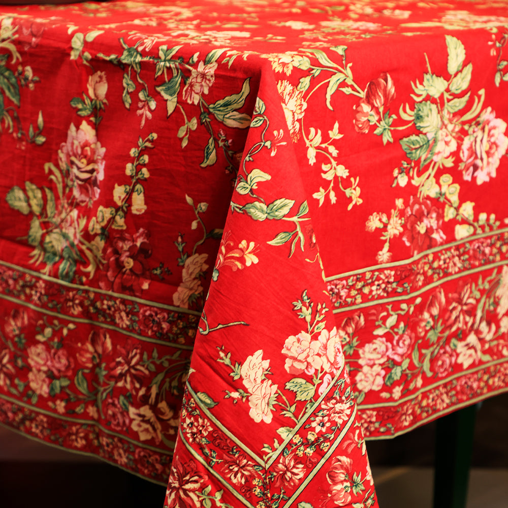 Milene Red Cotton Table Cloth | Premium Floral Table Cover