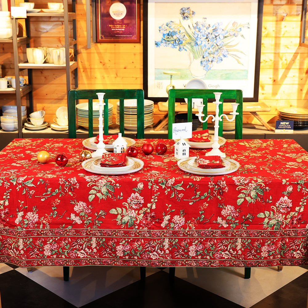 Milene Red Cotton Table Cloth | Premium Floral Table Cover
