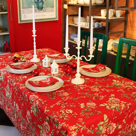 Milene Red Cotton Table Cloth | Premium Floral Table Cover
