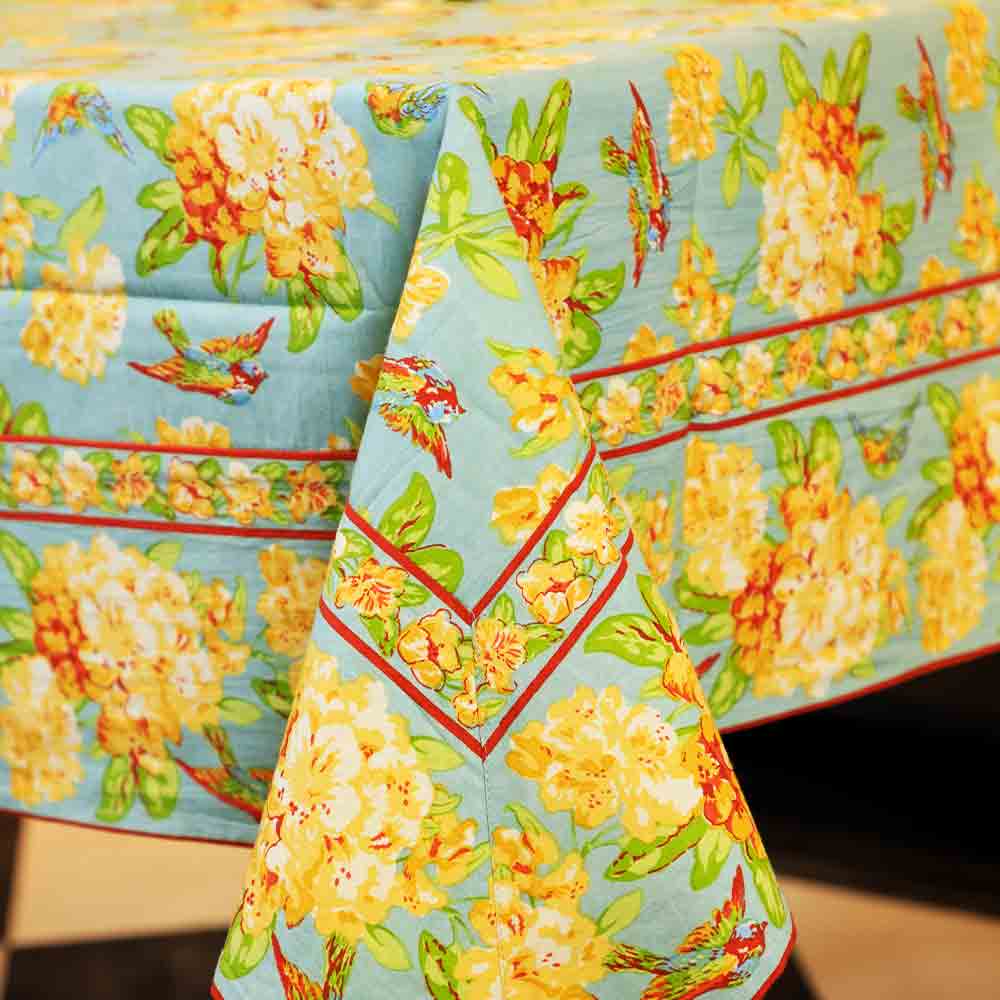 Yellow Marigold Valley of Flowers Mist table cover — close-up showing handcrafted floral fabric texture and stitching details