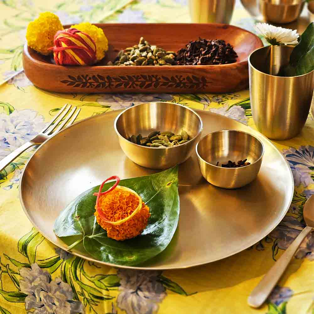 Yellow Marigold Uma Kansa dinner set — sustainable kansa metal dinnerware for conscious and traditional home dining