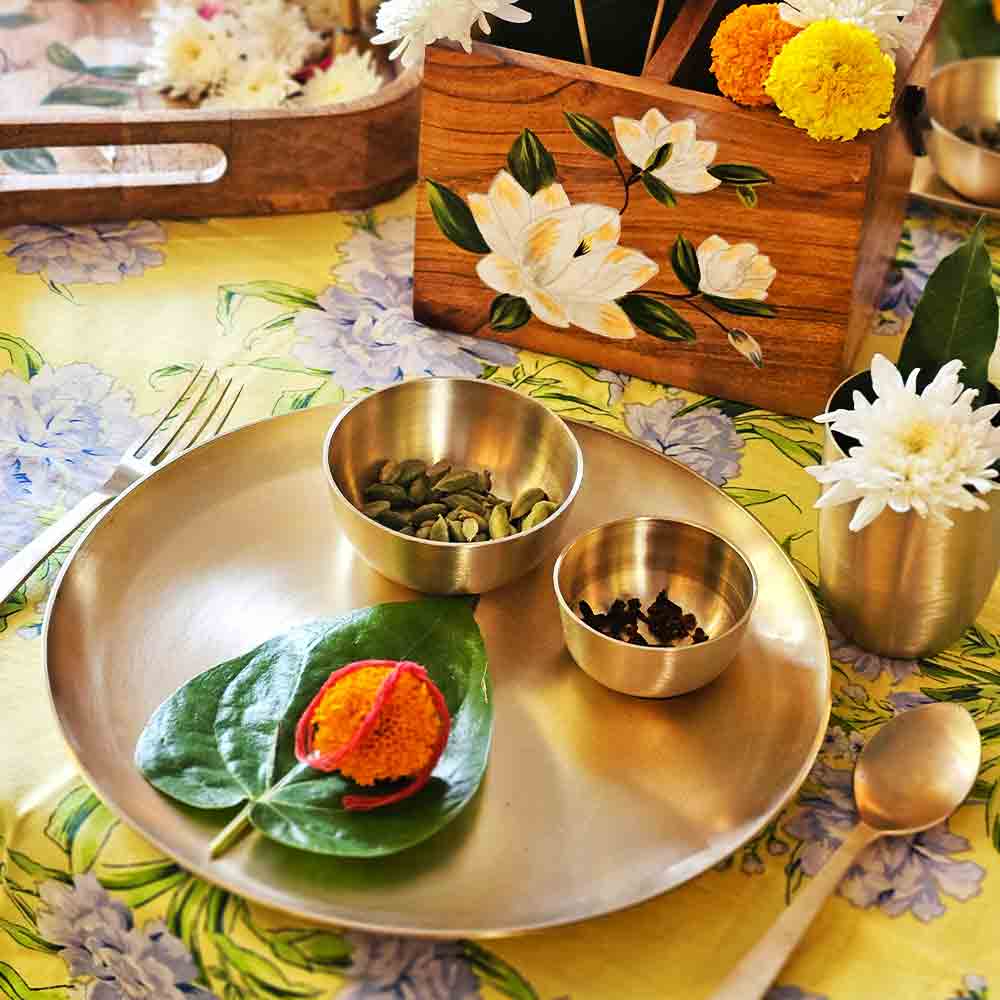 Yellow Marigold Uma Kansa dinner set, beautifully styled or packaged — ideal as a gift or for traditional festive dining décor